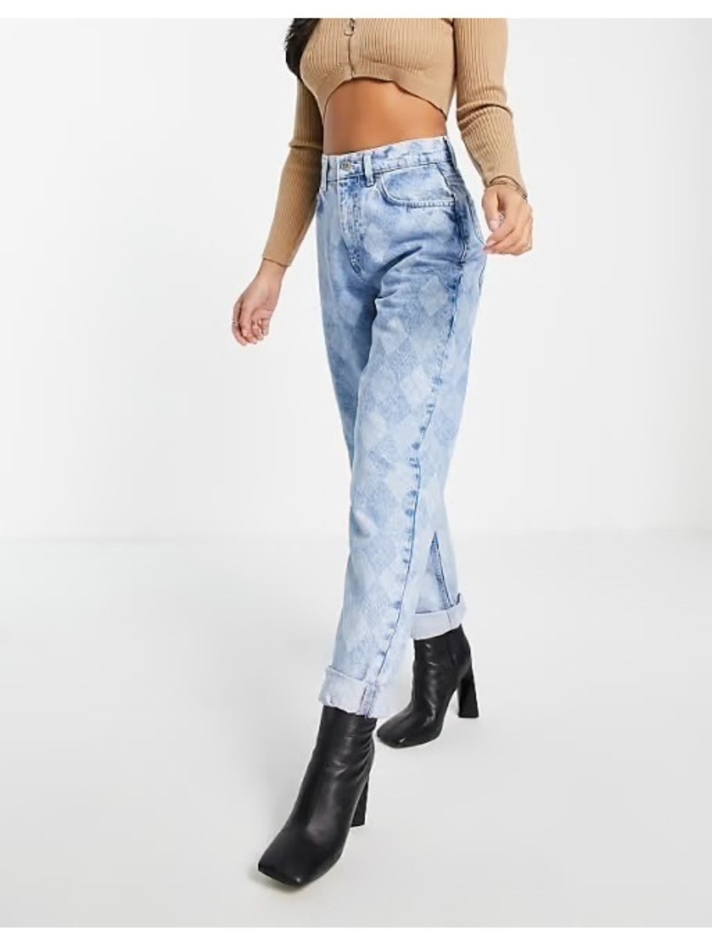 ASOS DESIGN High Rise Slouchy Mom Jeans Argyle Laser Print Light Wash 28x32